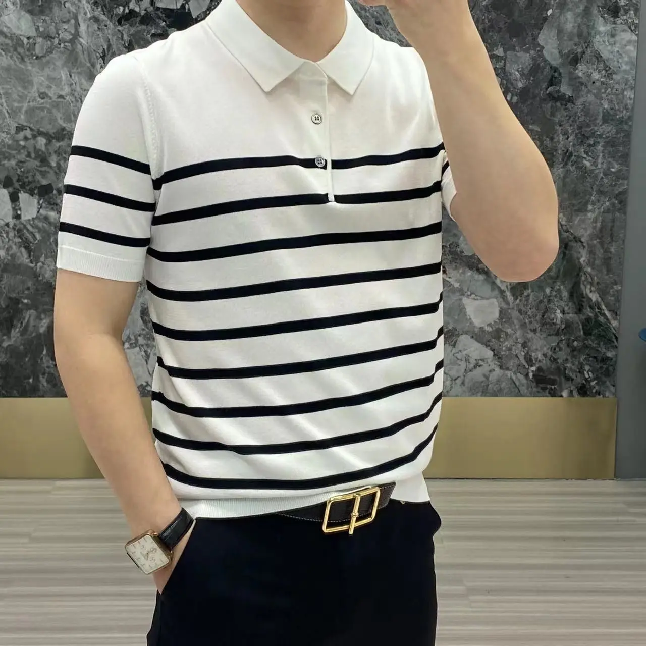 Polo ajustado a rayas para hombre, ropa coreana, ropa de calle de punto, Tops versátiles de manga corta a la moda, Verano