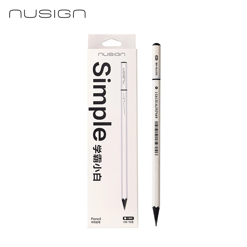 10PCS Deli Nusign NS1716-HB/2B White Tube Black Wooden Pencils Hexagonal Lead-Free Writing Pencils for School & Office HB/2B