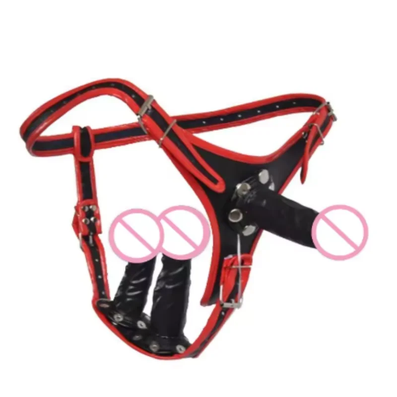 Three Headed Female Dildo Wearing Pants with Red Border Leather Detachable SM Pull-up Pants for Masturbation and Adult Sex Toys