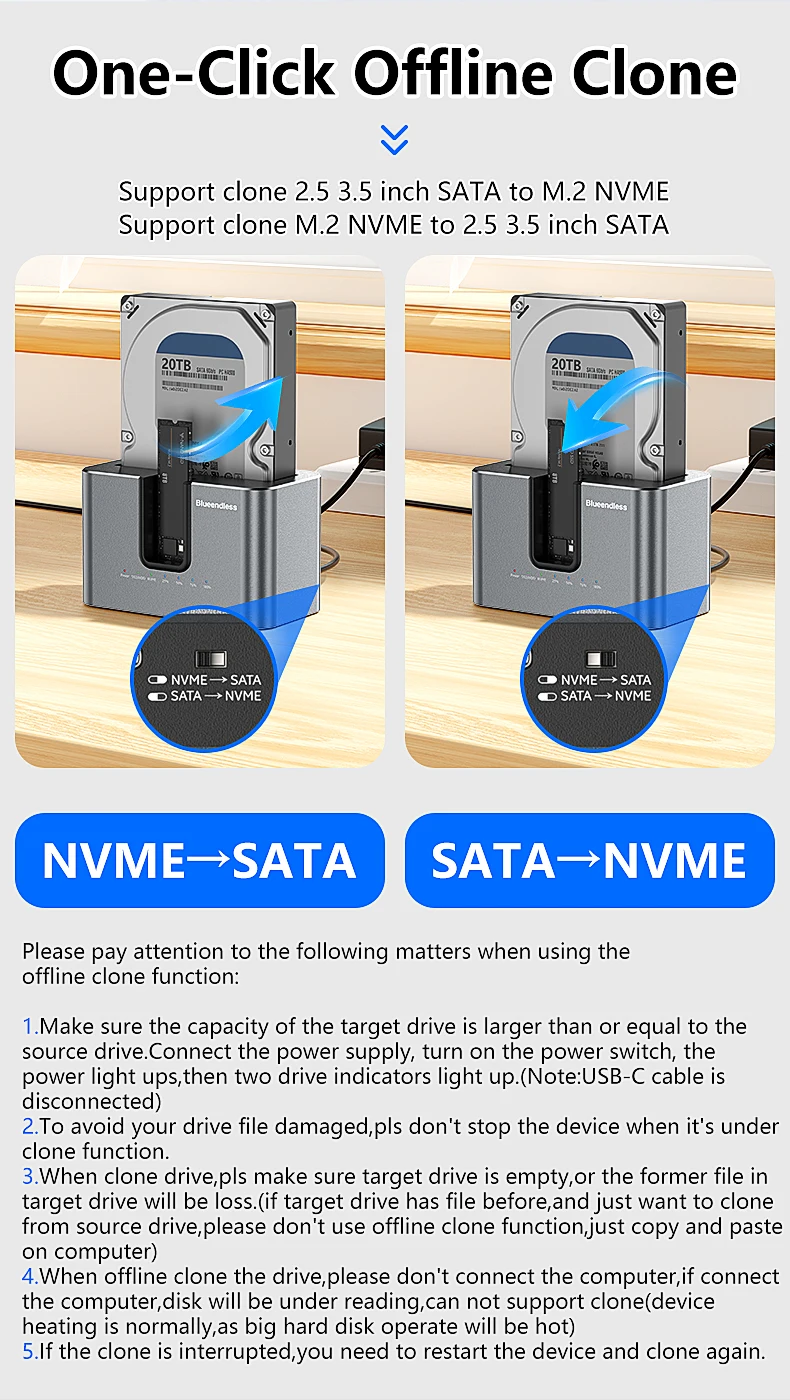 Blueendless offline Clone Function M.2 NVME to SATA 2.5 3.5 2.5/3.5 Inch SSD HDD Duplicator Docking Station Enclosure Adapter
