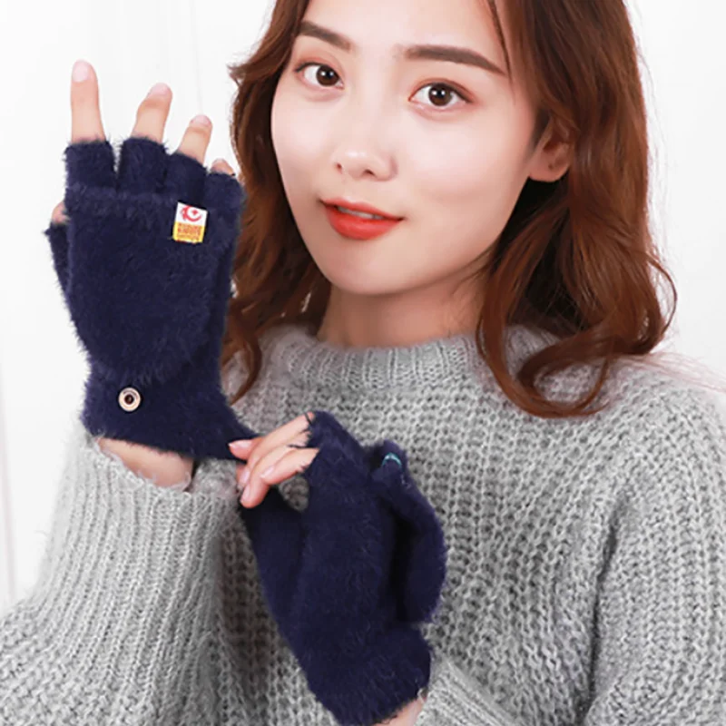 Plush Fingerless Gloves Female Winter Mitten Soft Warm Student Women Flip Gloves Outdoor Write Gloves Thickened Cold Protection