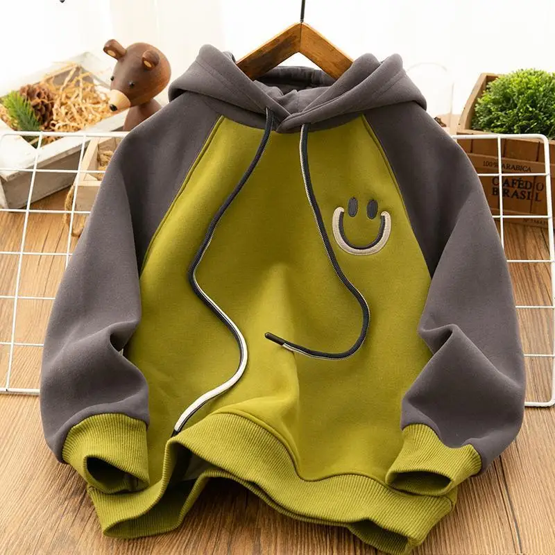 Boys' Autumn and Winter Velvet Padded Thickened Sweater Middle and Big Children Handsome Single-Layer Fleece-Lined Warm Hooded