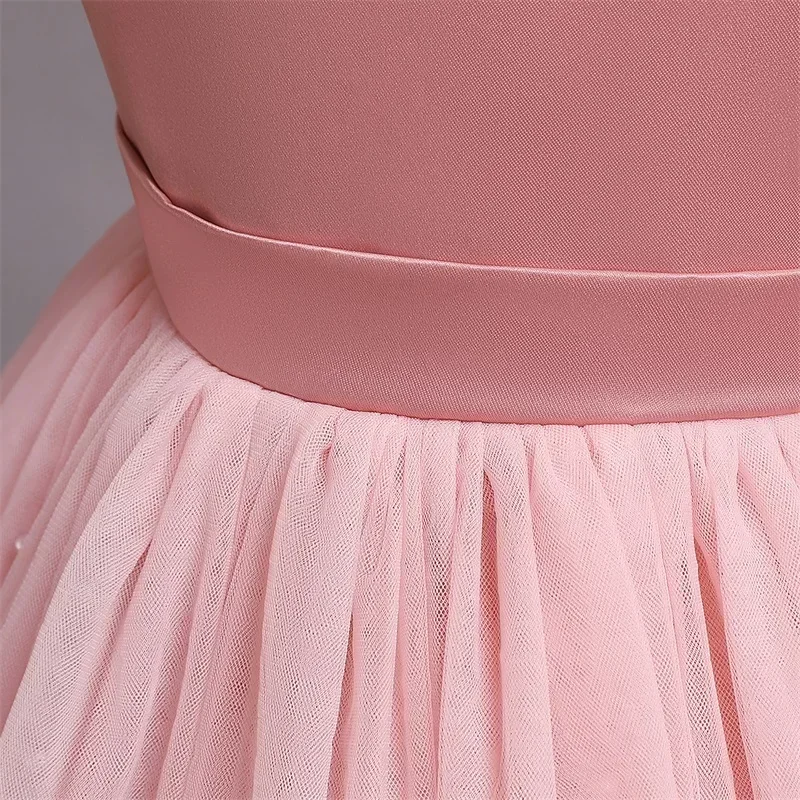 Pink Flower Girl Dresses Cute Bow Short Sleeve Princess Dresses for Formal Wedding Kid Birthday Party Banquet Elegant Girls Gown