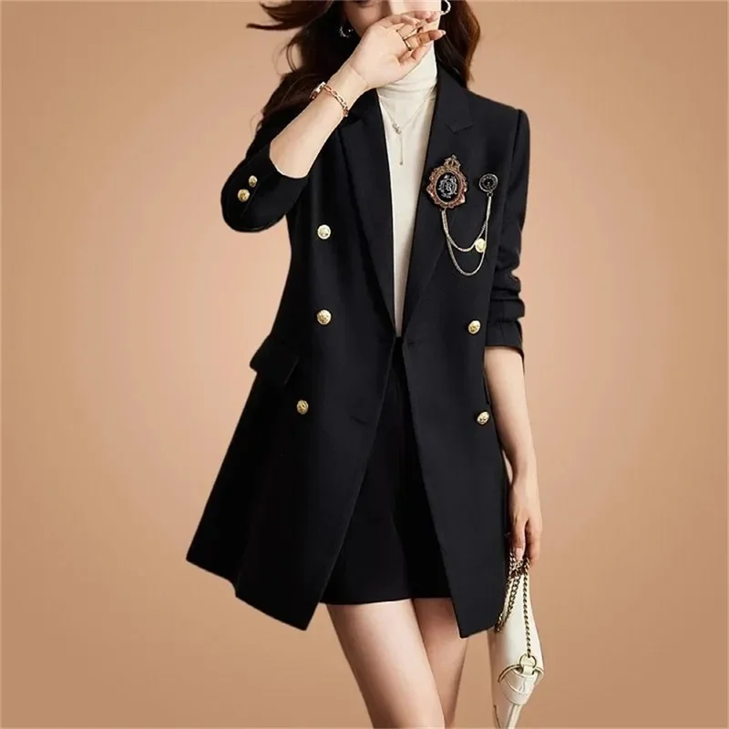 

Medium Long Suit Jacket Women's 2024 Spring and Autumn New High-grade Double-breasted Slim Ladies Casual Blazer Trench Coat