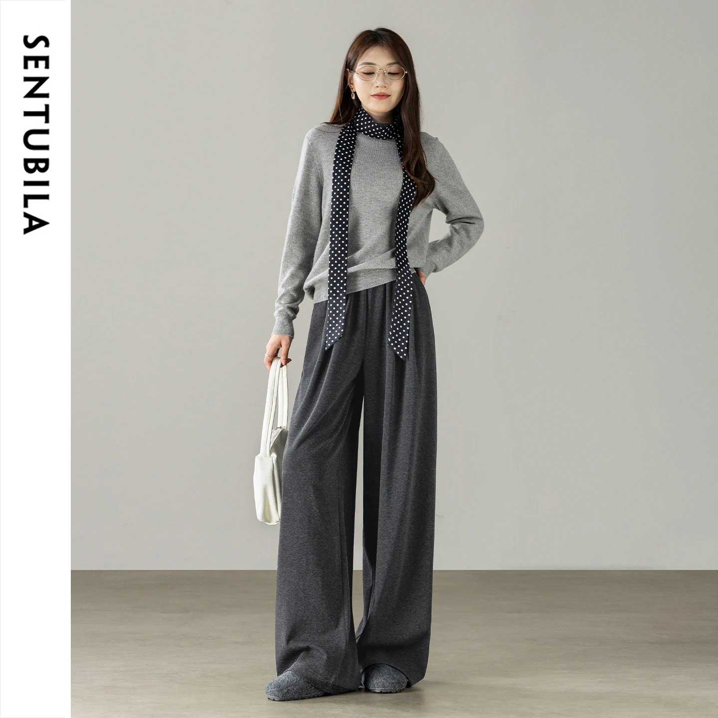 SENTUBILA Wide‑Leg Knit Long Pants Women 2026 Autumn New High Waist Drapey Loose Slim Daily Commuter Casual Trousers 163KD8499