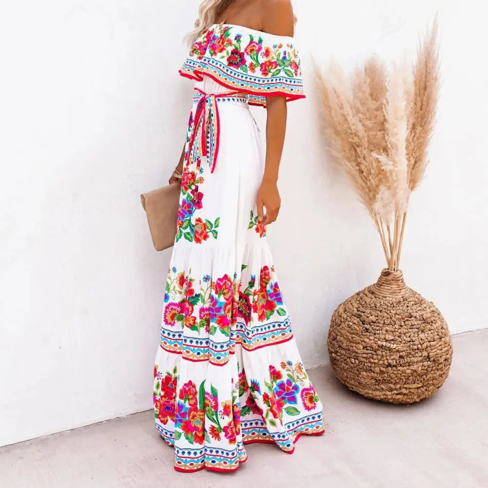 

National Style Summer Dress 2 Colors Long Dress Ruffle Ladies Horizontal Shoulder Dress High Waist