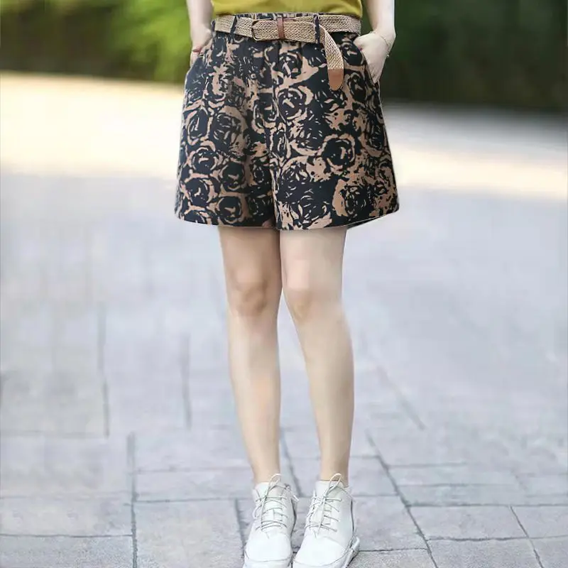 Loose Vintage Women's High Waist Pockets Printed Shorts Summer Simplicity Casual Belt Wide Leg Shorts Fashion Female Clothing