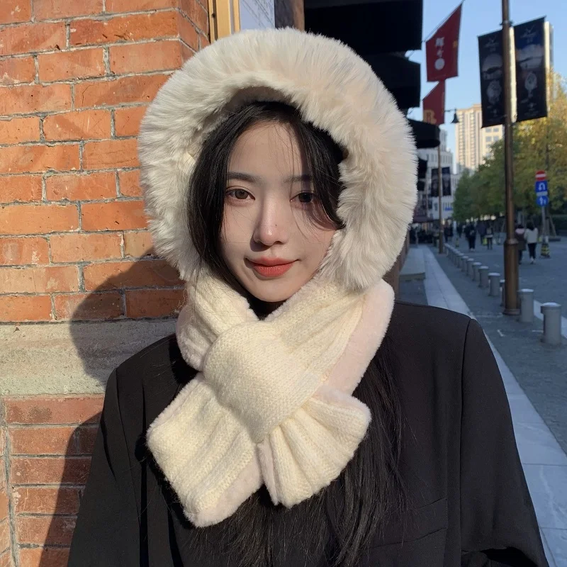 Hat Scarf Integrated Hat Autumn and Winter All-in-one Thick Warm Ear Protective Hat One-piece Plush Bib Cold Thunder Cap