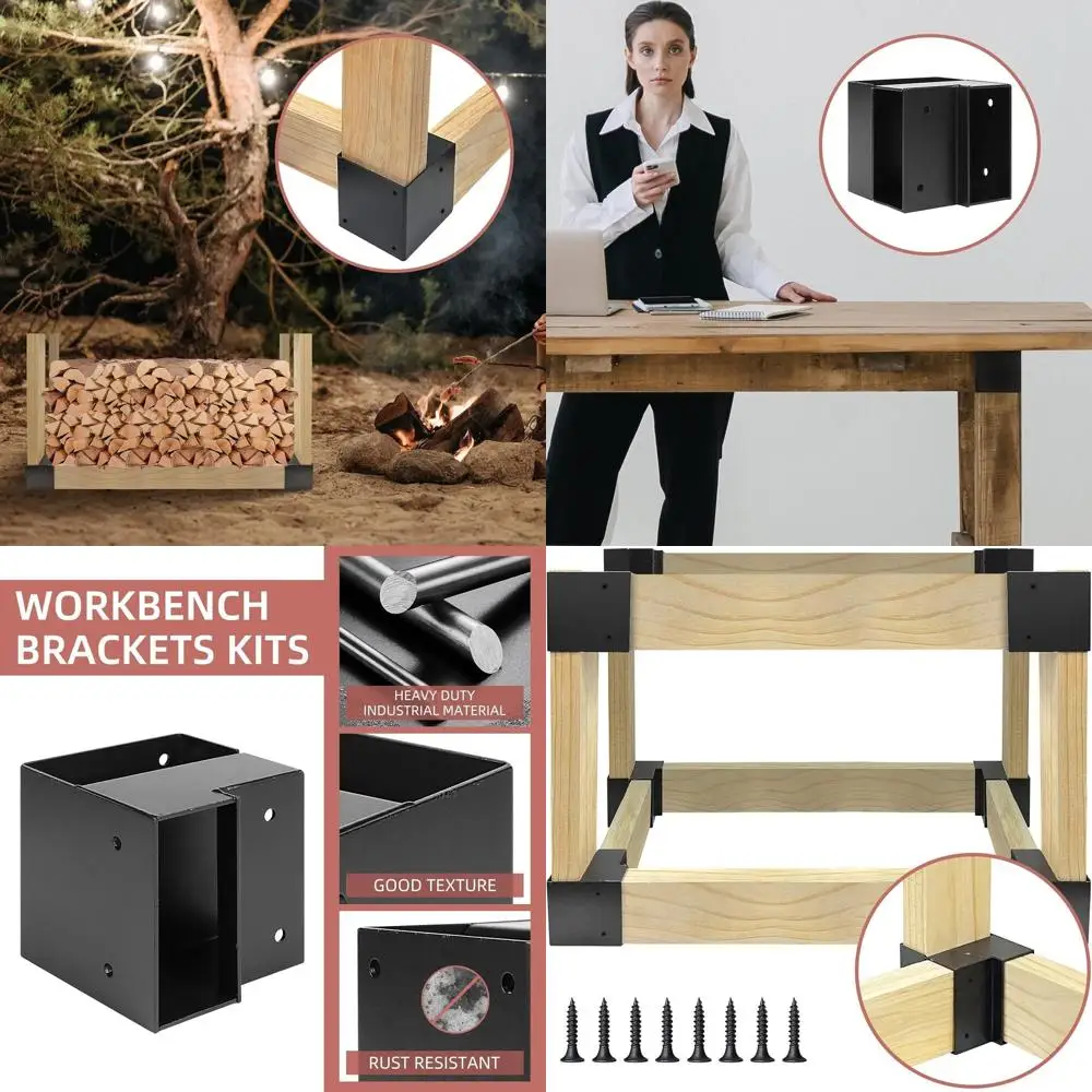 

Heavy-Duty Steel Bracket Kit for 2x4 Wood Workbench, 3-Way Angle Brackets, 8-Pack Black