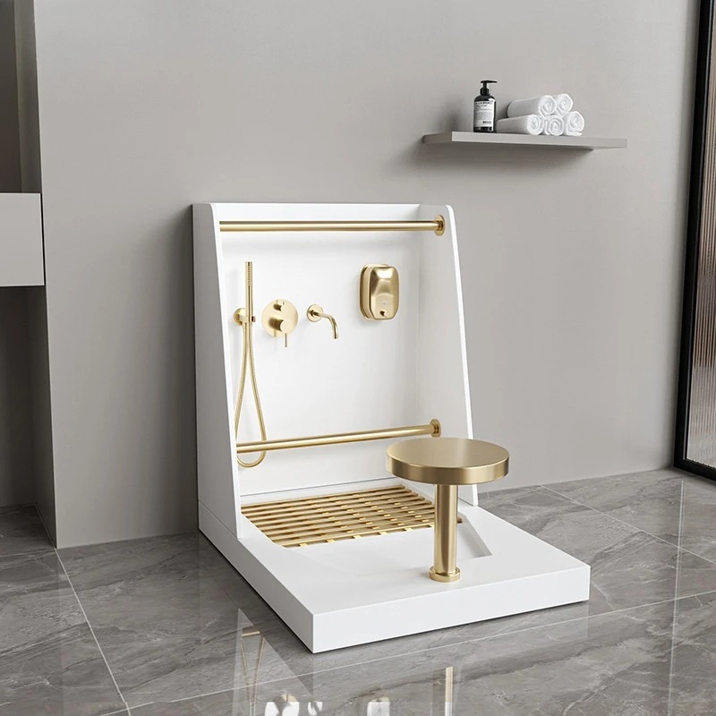 Modern hand and foot sink with drain for Muslim restrooms, available in gold and silver
