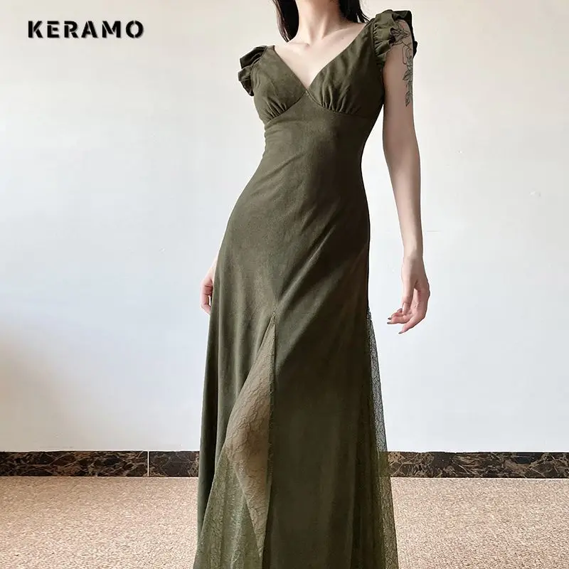 2024 estate Vintage manica volante scollo a v tinta unita abiti lunghi medi abito in pizzo a vita alta Patchwork in Chiffon causale da donna