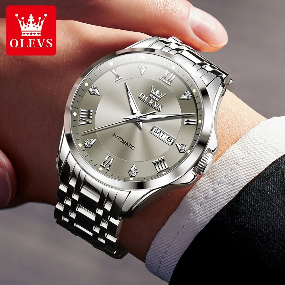 OLEVS Mens Watches Business Automatic Mechanical Watch For Man Date Waterproof Stainless Stee Watch Bands Roman Numeral 6702