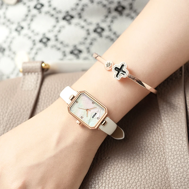 DOM 1365 Women's Small Square Quartz Watch Fashion Elegant White Leather Pointer Diamond Wristwatches for Ladies Watches Gift