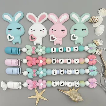 아기 Kawaii 장난감 선물 맞춤형 편지 이름 아기 토끼 실리콘 빛나는 구슬 펜던트 젖꼭지 클립 체인 홀더 Teether