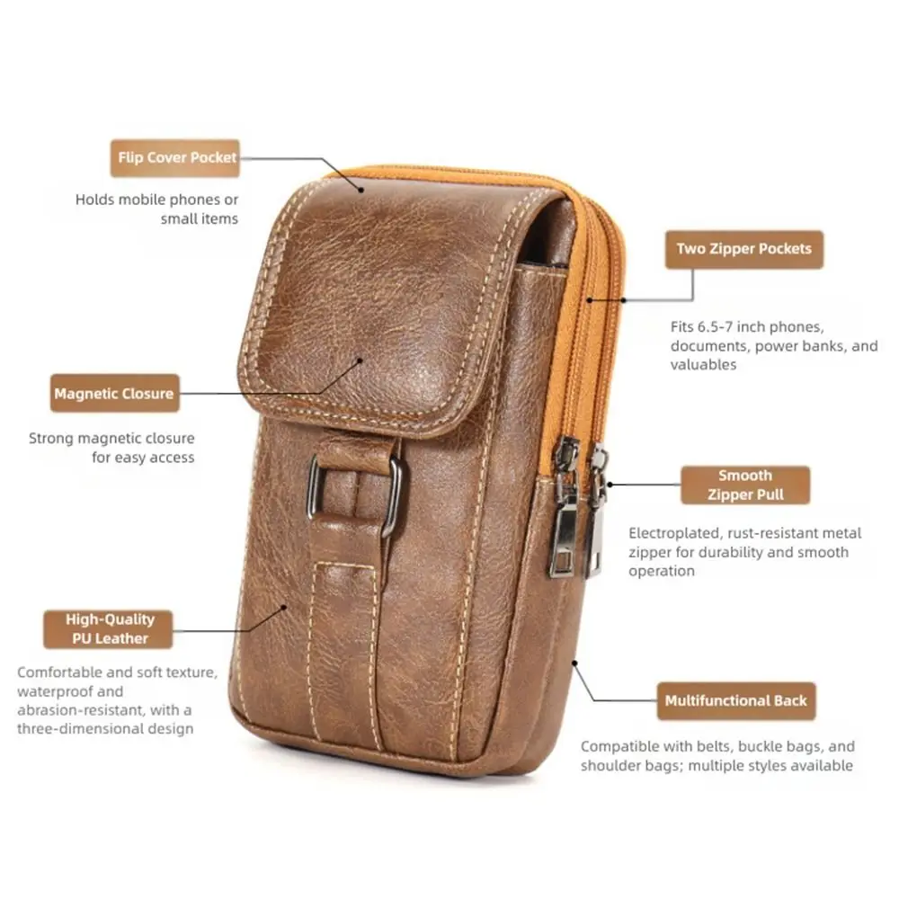 Vintage-Stil PU-Leder Hüfttasche Wasserdichte Mehrschichtige Handytasche mit Hüftgurt Brusttasche für Outdoor-Aktivitäten – Detail 3