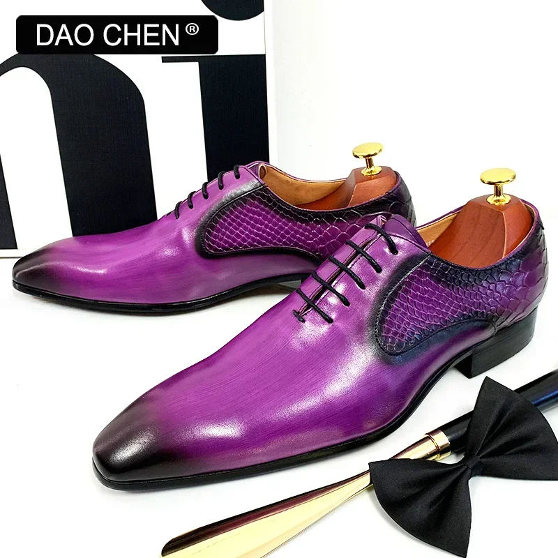 LUXURY MEN OXFORD SHOES PURPLE BLACK SNAKE SKIN PRINT MENS DRESS SHOES LACE UP POINTED TOE POLISH REAL LEATHER SHOES MEN