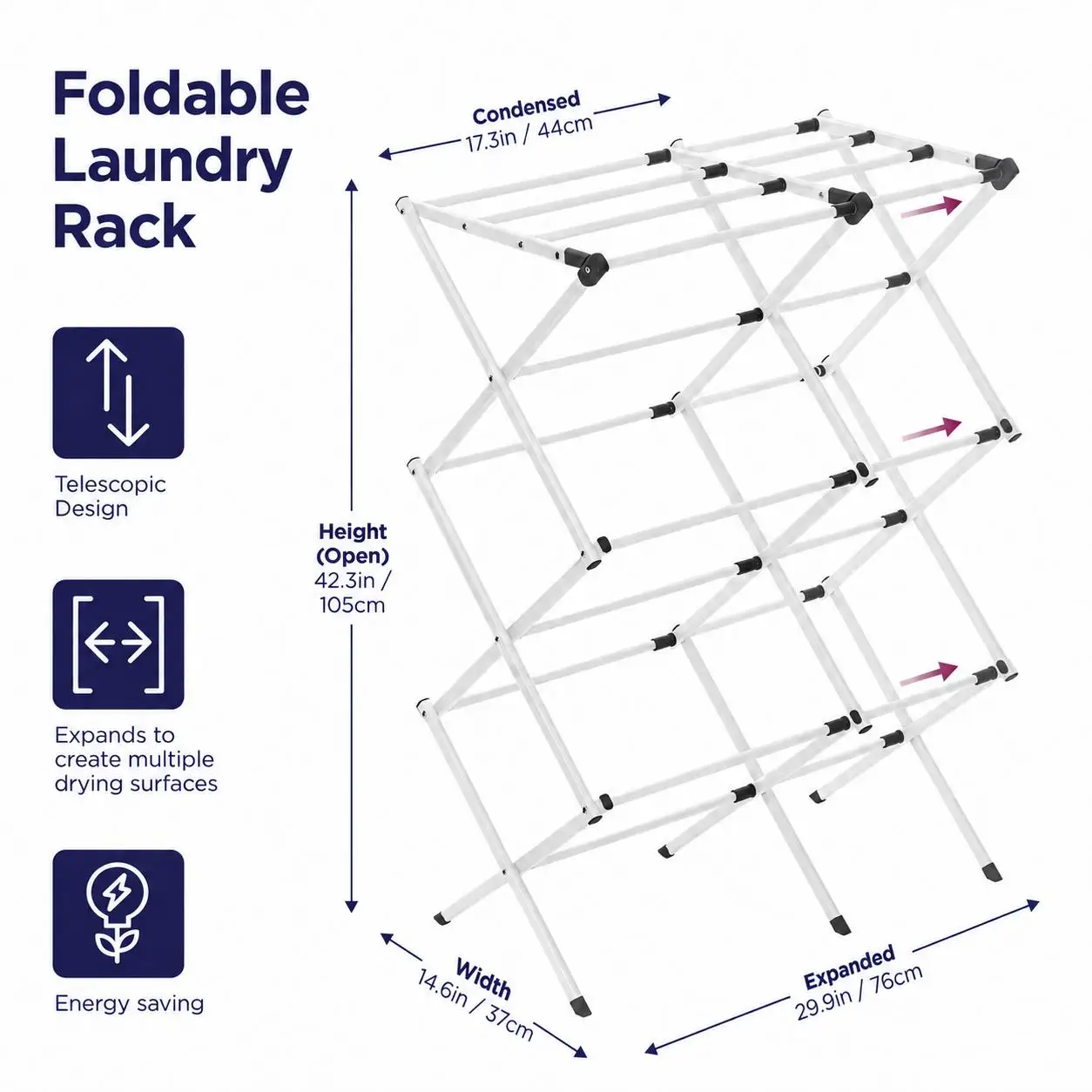 3-Tier Expandable Collapsing Metal Laundry Drying Rack - Heavy Duty, Lightweight, Space Saving for Air Drying Clothing, Laundry Room Accessories, Dryer Rack, Hangable Small-Space Hero, Energy-Saving (White)