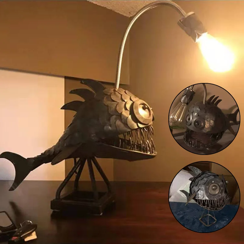 Creative Angler Fish Desk Lamp Shark Desktop Night Light USB Metal Art Lantern Table Decoration Bedroom Home Decoration Gift