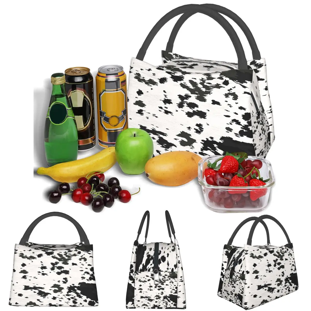 Cow Hide Black And White Lightweight Handheld Insulated Lunch Bag Aluminum Foil Liner for Adults Students Travel Picnic
