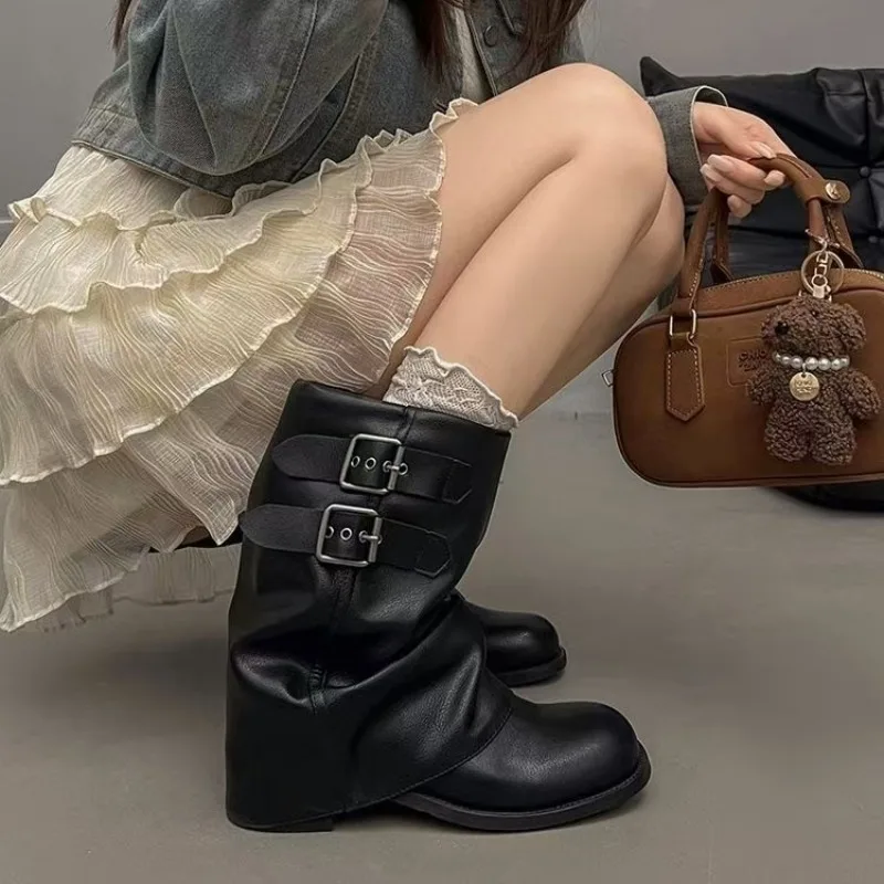 Women Black Slouchy Mid Calf Boots Double Buckle Decor Low Block Heel Zipper Closure Retro Pleated Ladies Daily Casual Footwear - view 2