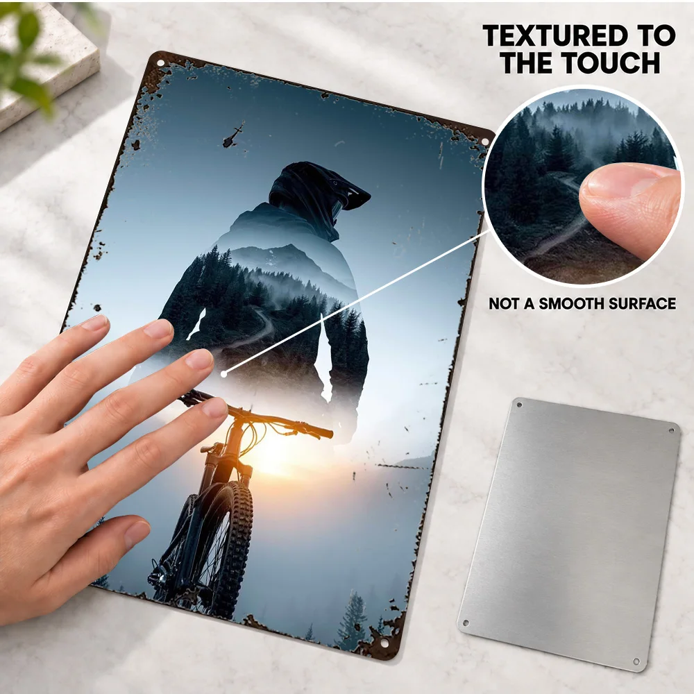 Mountain Biker Double Exposure Silhouette Aluminum Poster Customized Metal Sign Scenic Illustration Wall Art For Living Room