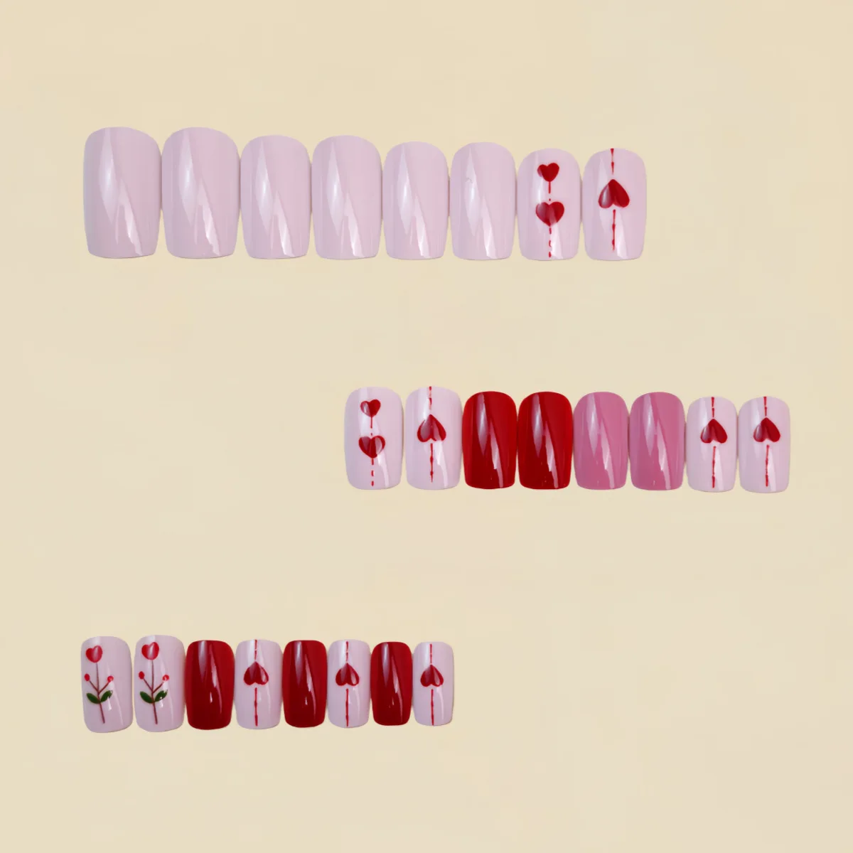 Medium long fake nails for women girls pink red black cute heart square ballet tips for Valentine's Day press on false nail art