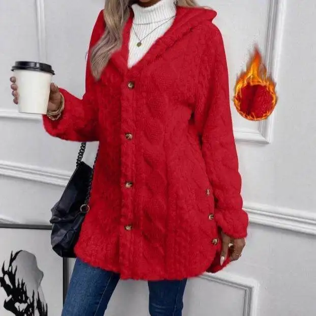 

Autumn Winter Hooded Color Long Sleeve Open Cardigan Coat for Pear Shaped Women plus Size Fashion Ladieswear