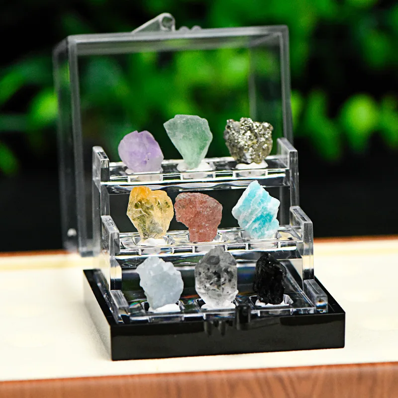1pc Natural Specimen Box Of 9 Kinds Of Crystal Original Stone Minerals Collection Display Energy Box Office Decoration Gifts