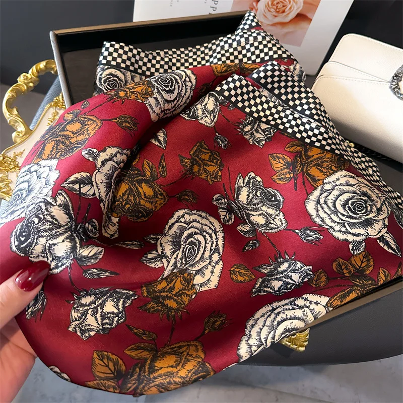 Fashion Luxury Brand Silk Shawl Square Scarf Women Hijab Flower Print Scarves Wraps Neckerchief Hair Ribbon Headband Bandana
