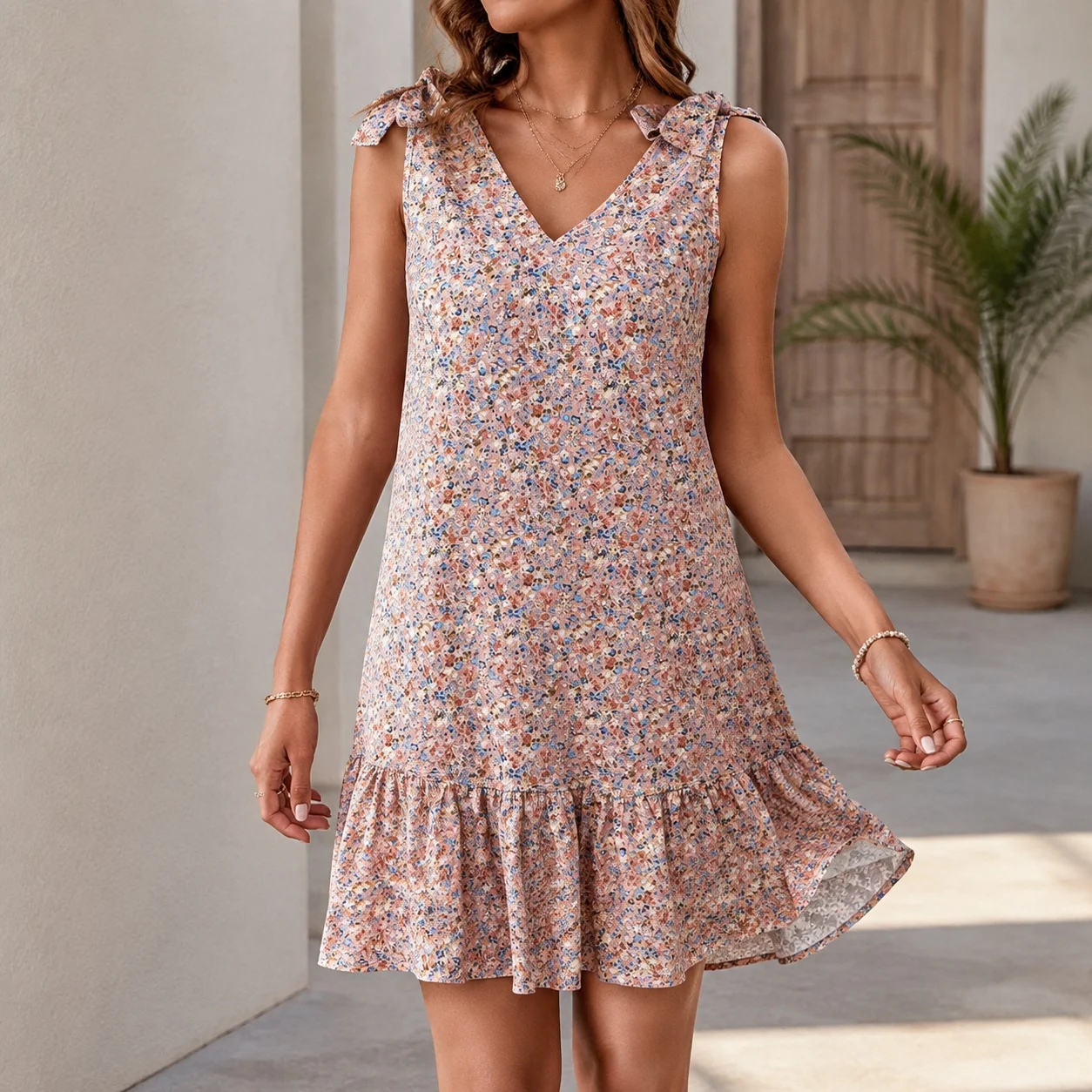V Neck Floral Print Midi Length Dress Sweet with Spaghetti Strap Loose Waist Pullover Beach Date Travel Dresses for Women