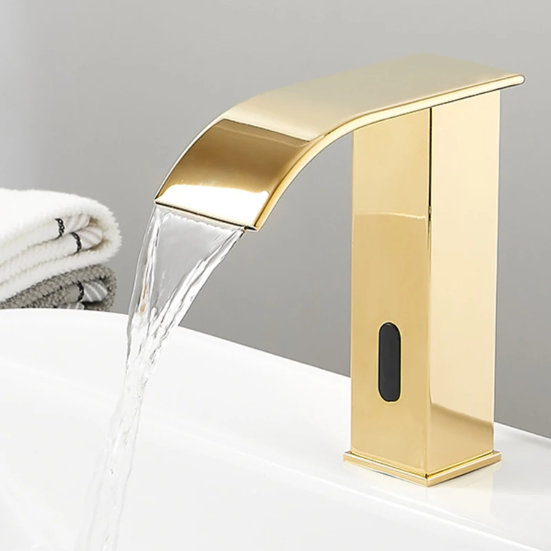 Golden Bathroom Brass Infrared Sensor Faucet Basin Waterfall Touchless Tap Smart Sensor Kitchen Faucet Automatic Sink Mixer Tap