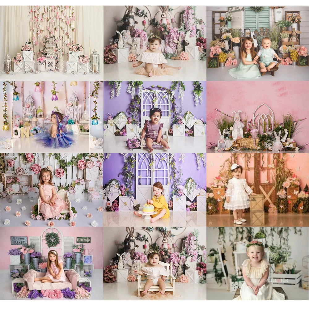 Moclicka taman potret anak-anak kue benturan latar belakang bunga musim semi artistik latar belakang bayi kelinci anak-anak Prop foto Poster Studio