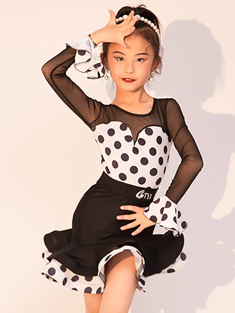 키즈 소녀 라틴 댄스 메쉬 도트 프린팅 바디수트와 스커트 볼룸 룸바 댄서웨어 트레이닝 차차 공연 의상