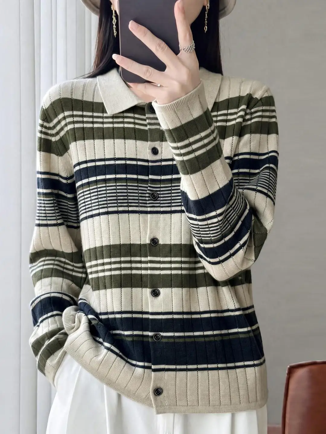 Autumn 2026 New Premium Spun Wool Collar Patchwork Stripe Open Cardigan Sweater Multi Color Knitted Long Sleeve Women's Fashion