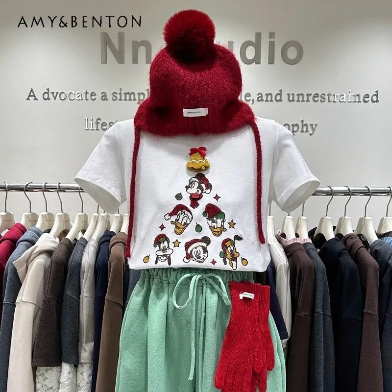 

Рождественская короткая футболка, женская зимняя утолщенная матовая футболка с короткими рукавами и круглым вырезом, мультяшная кукла, возрастная внутренняя одежда, футболки Y2k