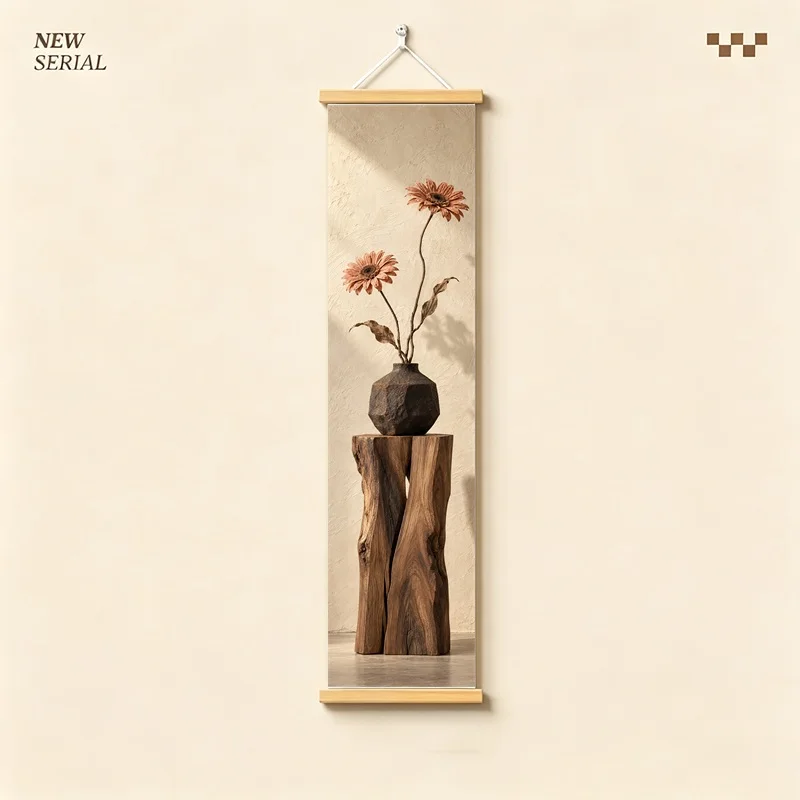 Wall Decor Preserved Gerbera and Preserved Chrysanthemum, Wabi-Sabi Silver Shimmer Canvas Hanging Scroll for Reading Nook