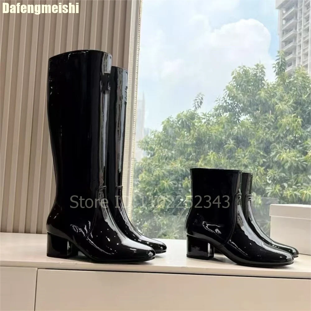 

2025 Autumn New Patent Leather Knight Boots Round Toe Chunky Heel Slip-On Knee-High/ankle Boots Women Fashionable Catwalk Boots