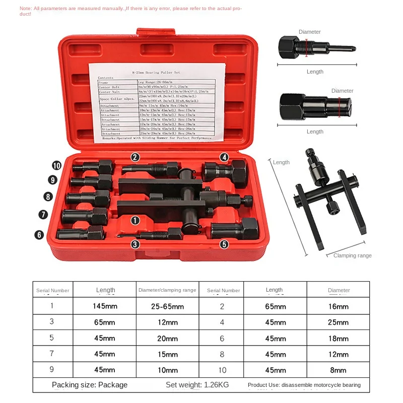 10pcs Motorcycle Bearing Puller Kit Two-Jaw Bearing Removal Tool Puller Extractor Bearings with Box