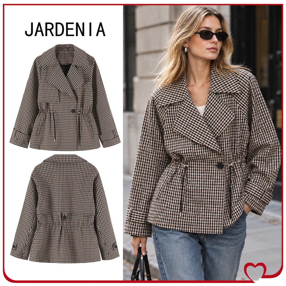 Women's Plaid Double-breased Trench Coat with Drawstring Waist Spring & Autumn Beige Lapel Collar Trench Coat with Long Sleeves
