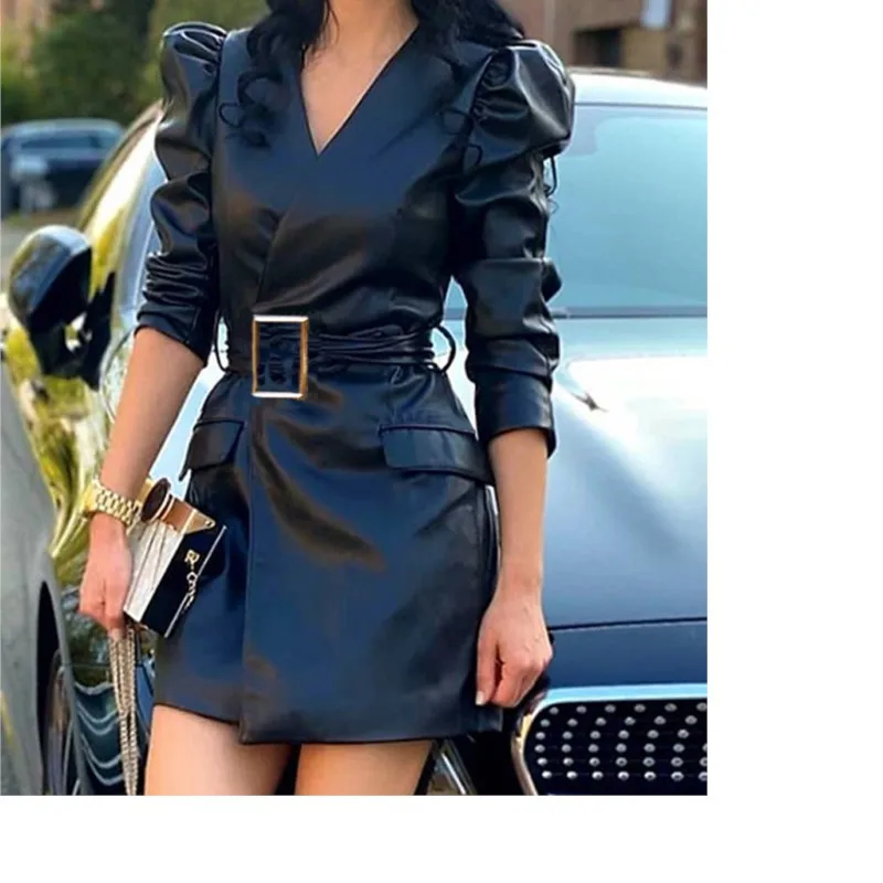 

2025 Women's New Style PU Leather V-Neck Puff Sleeve Slim Short Sleeveless Dress With Belt - Urban Fashion Casual Women's Wear