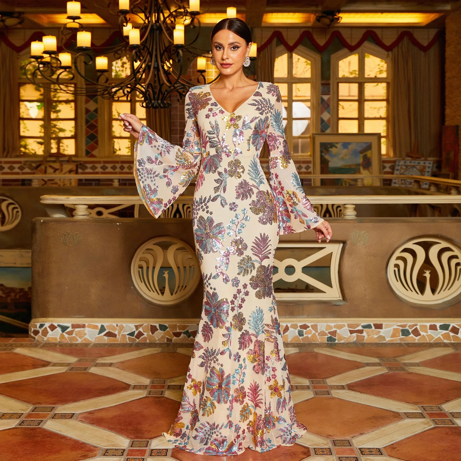 

Women Luxury Sexy V Neck Print Sequin Party Maxi Dress Elegant Long Flare Sleeve Bodycon Prom Female Evening Mermaid Gown