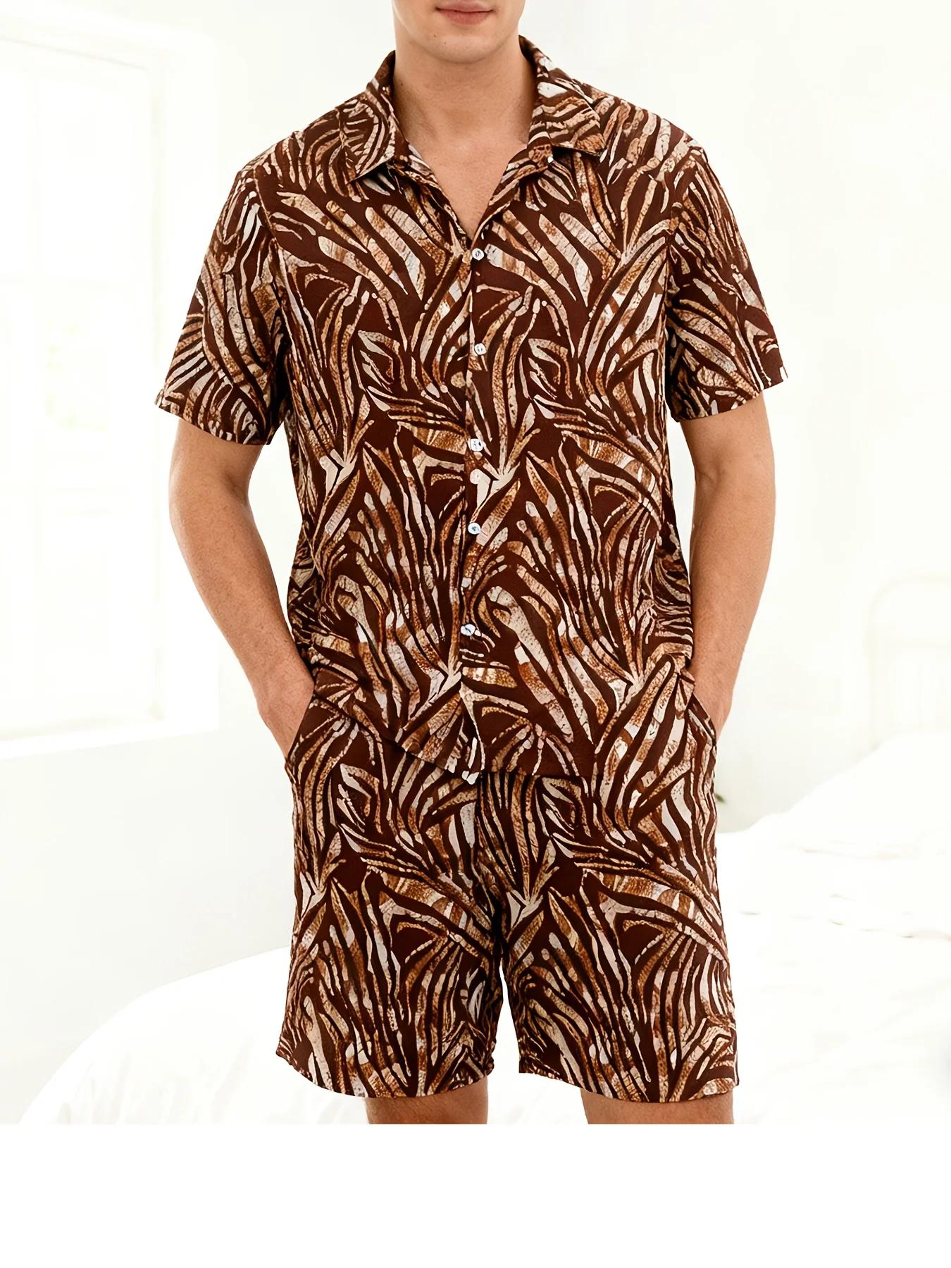 

Men's PajamaSummer Men's Loungewear Set, Vintage Brown Leaf Print, Fashion Short Sleeve Shirt + Shorts with Pockets and Drawst