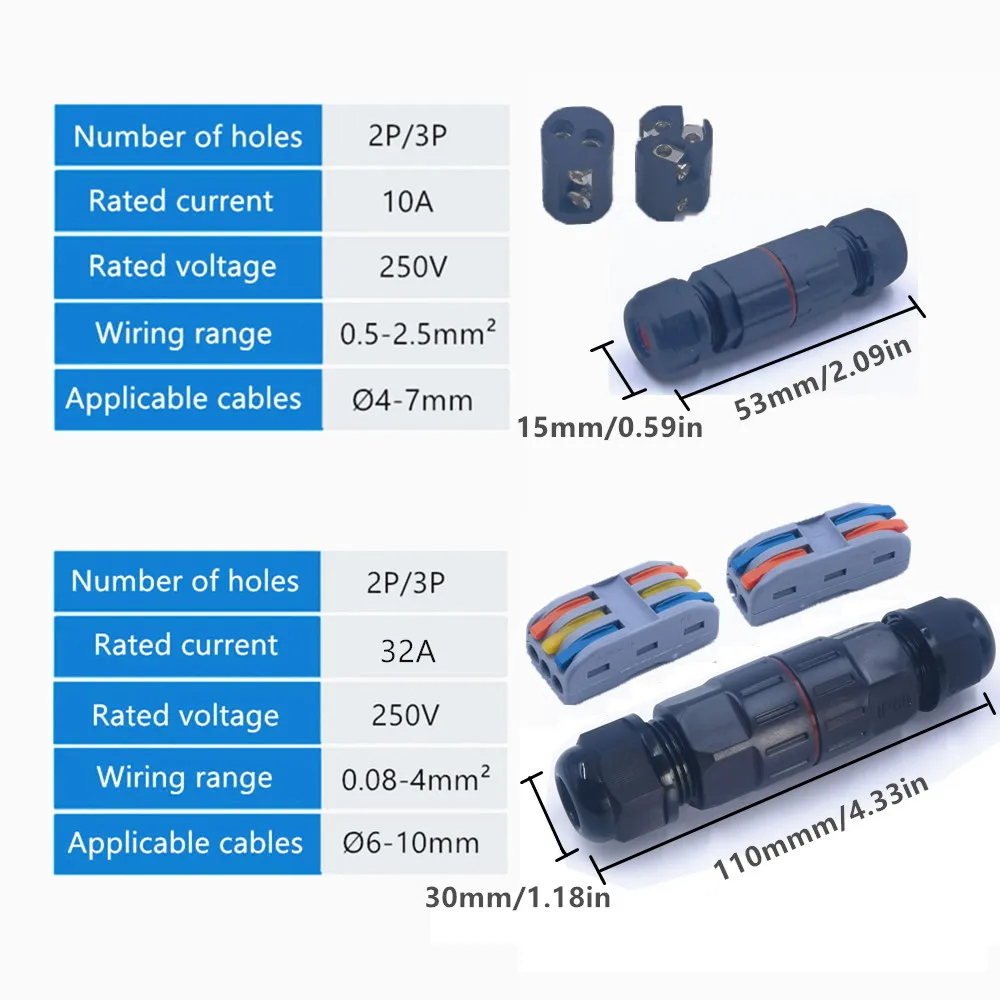IP68 Cable Waterproof Joint Wire Quick Connection Waterproof Connector 2/3 Pin Solderless LED Lamp Wiring Outdoor Rainproof Term