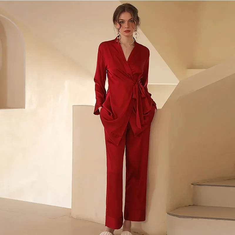 

2025 New Bridal Pajamas Suit Kimono&pant 2Pcs Outfit Sexy V-Neck Home Clothes Women Silk Satin Sleepwear Long Pyjamas Pour Femme