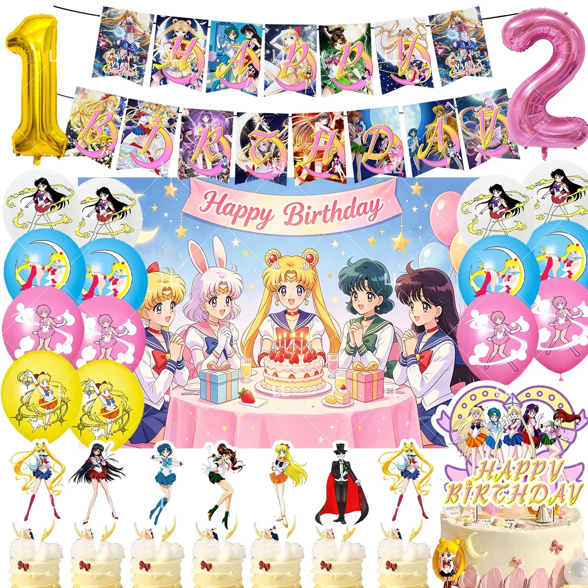 GirIs&MOON Birthday Party Decoration Backdrop Anime Magic Sailors Balloon Cake Topper Banner Balloon Cake Topper Banner Kid Gift