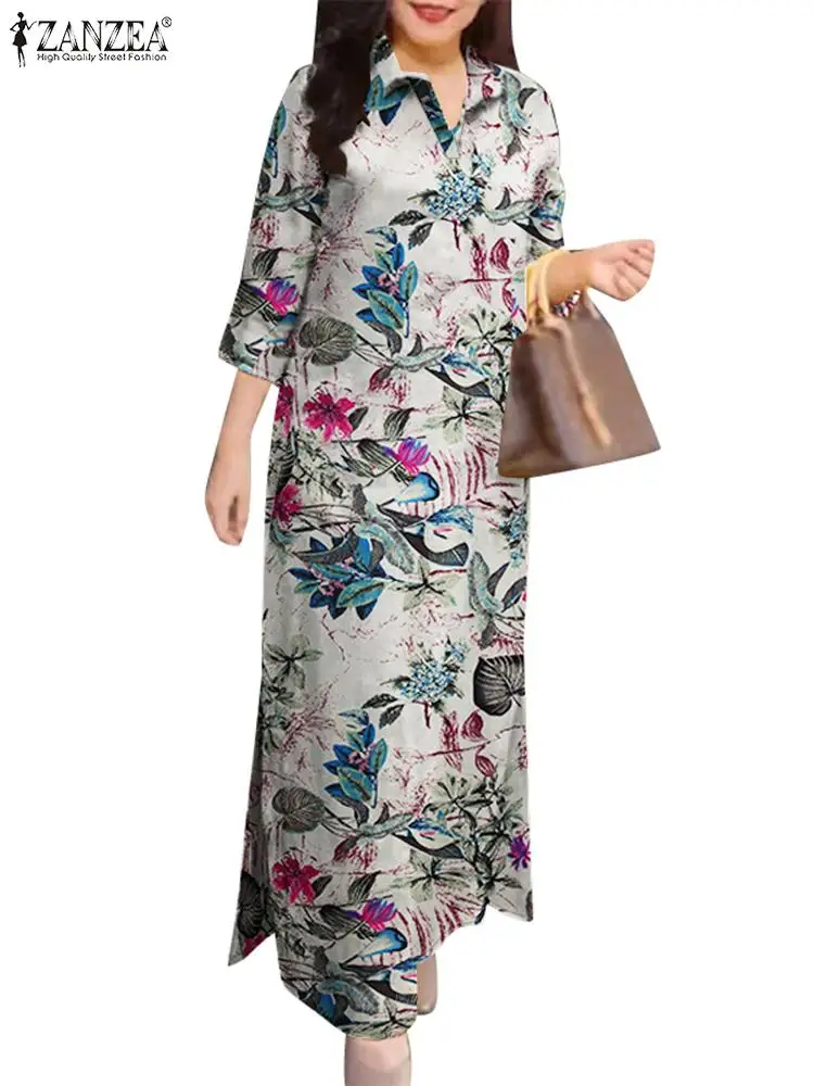 Zanzea Elegante Damesjurk Met Bloemenprint 2024 Herfst Vintage Revers Hals 3/4 Mouw Zonnejurk Casual Ol Werk Katoenen Vestido