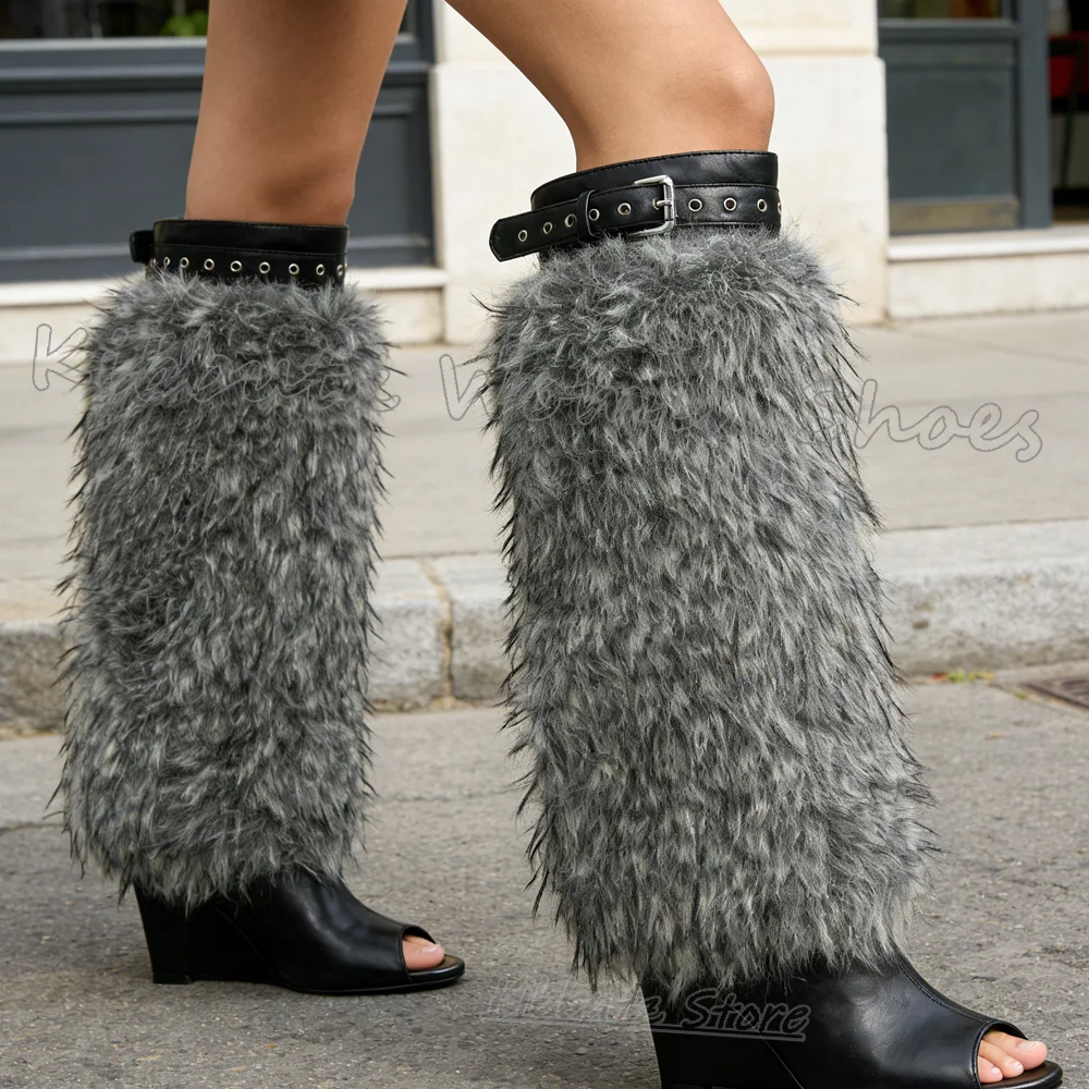 

Кожаные сапоги до колена с пряжкой на ремне, теплая зимняя однотонная обувь без шнуровки для девочек, модная роскошная элегантная обувь на танкетке с круглым носком, новинка