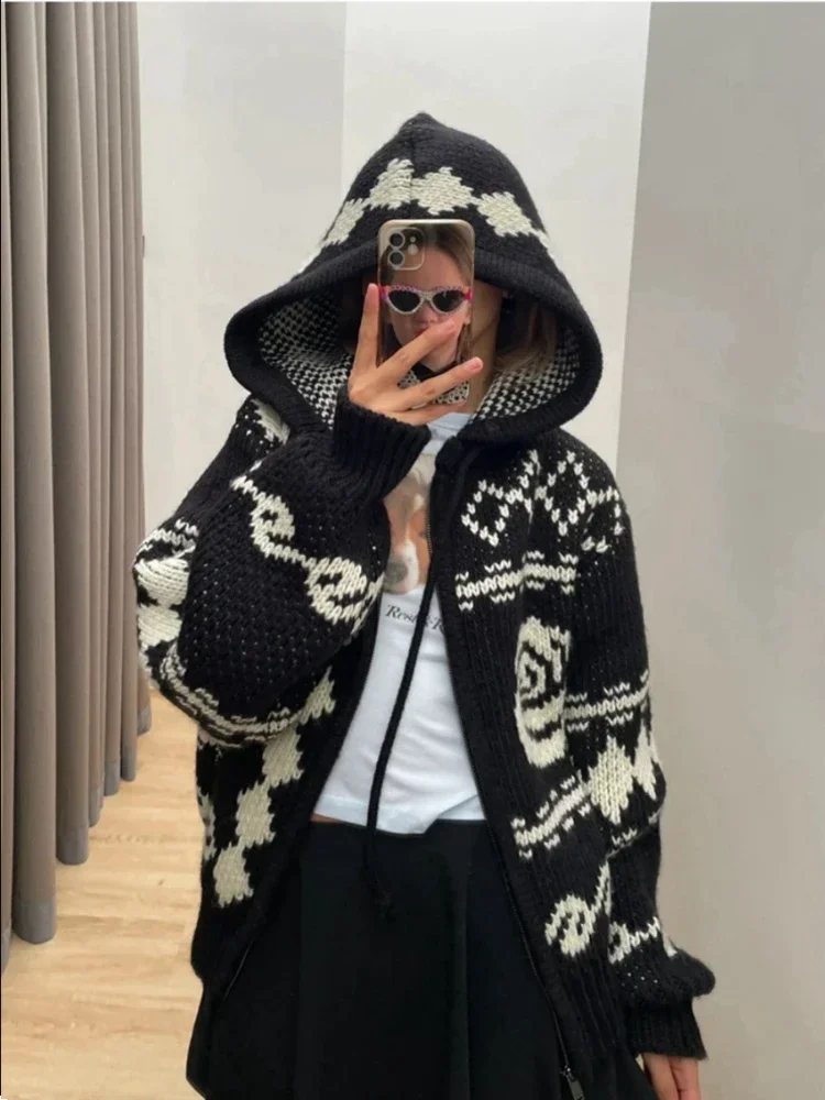 Women Vintage Hooded Jacquard Rose Warm Cardigan 2023 Winter New In Korean Fashion Sweater