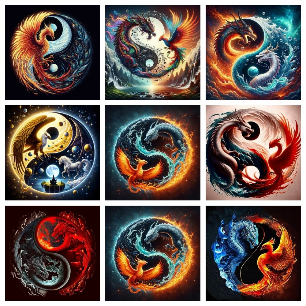 Yin Yang Dragon Phoenix Animal Clip Art Color Diamond Painting Set Universe Starry Sky Cross Embroidery Flower Mosaic Home Decor