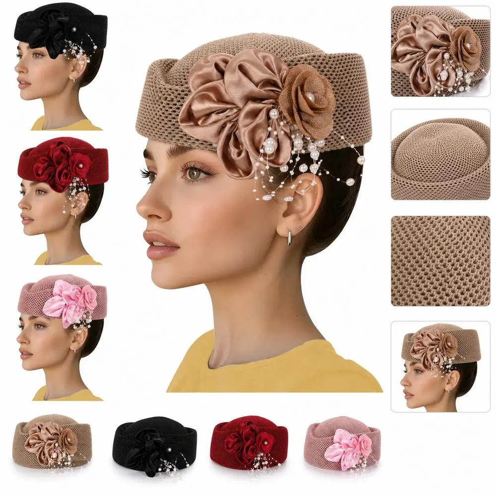 New With Flower Straw Pillbox Hat Structured Crown Round Shape Round Dress Hat Vintage Style Solid Women Sun Hat Daily Outfits